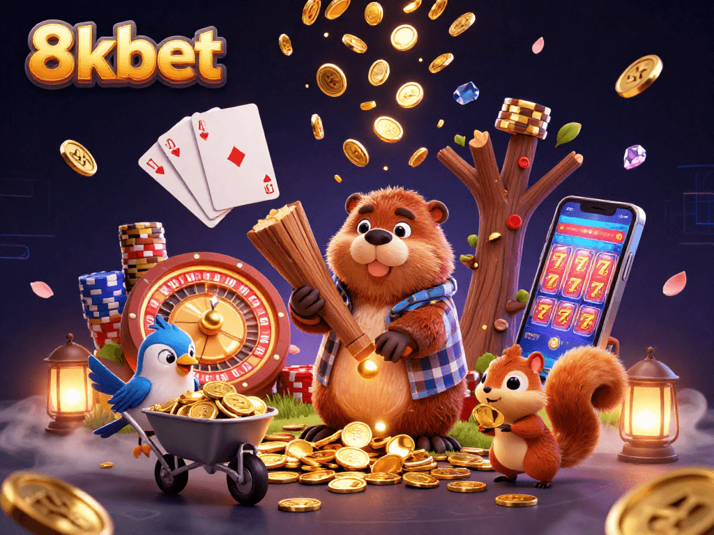 Experience the excitement of 8xbet with a lively casino scene featuring a beaver, bird, and squirrel collecting golden coins.