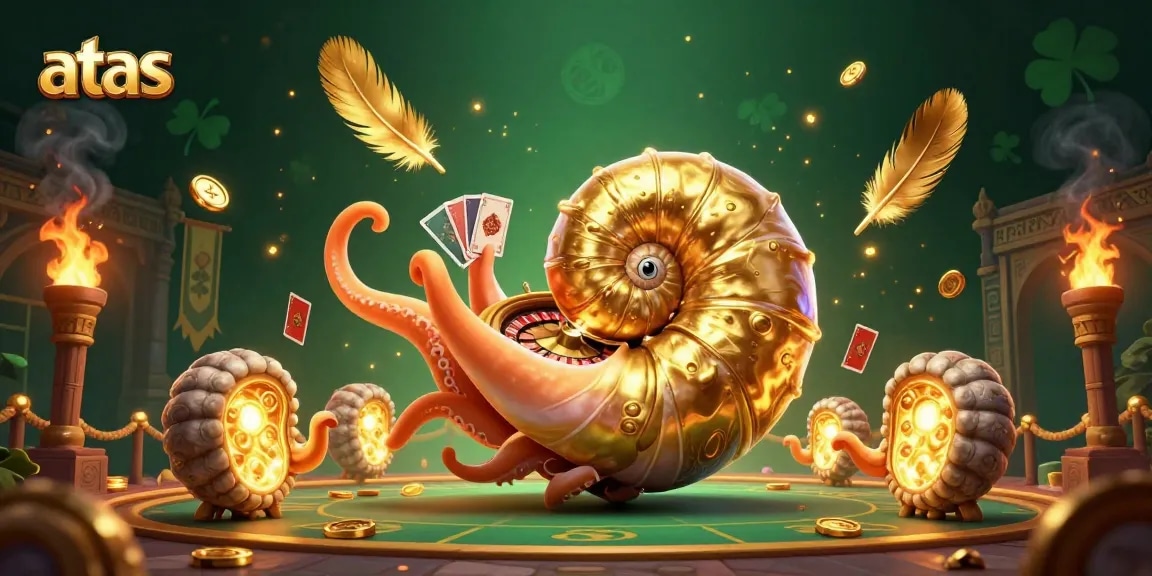 Spin the wheel at atas, featuring a giant nautilus holding cards and shining ammonite companions.
