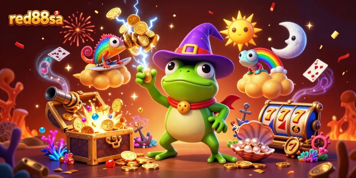Experience the magic of red88sa with a weather wizard frog and vibrant casino elements in a dynamic scene.