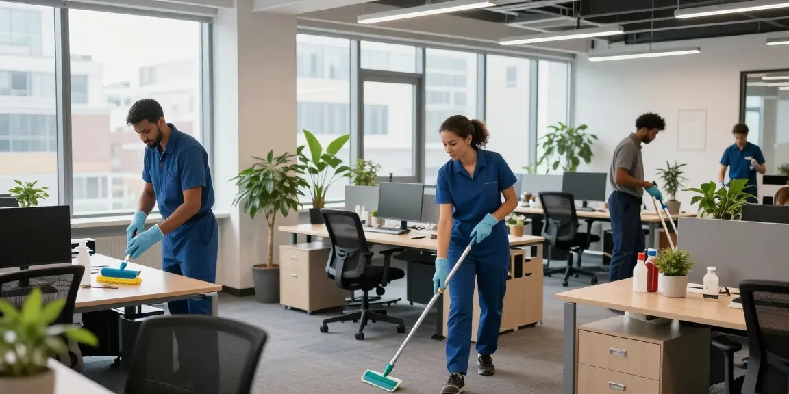 Professionelle Gebäudereinigung Düsseldorf in modernem Büro mit Reinigungsteam und umweltfreundlichen Produkten.