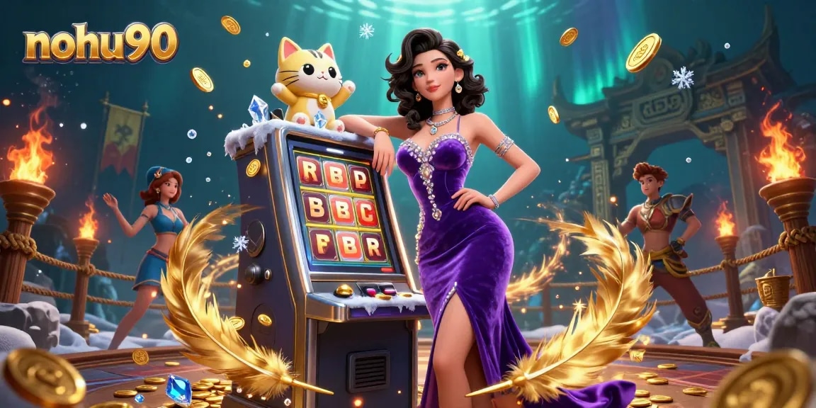 Nohu90 jackpot excitement with a stunning woman at a vibrant slot machine.