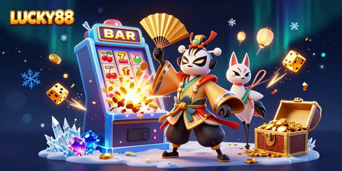 LUCKY88 creates thrilling moments with a dynamic scene of 3D characters and vibrant casino elements.