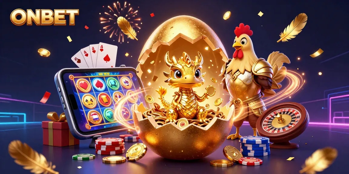 Experience thrilling gameplay with ONBET's golden dragon and exciting slot games in this vibrant casino illustration.