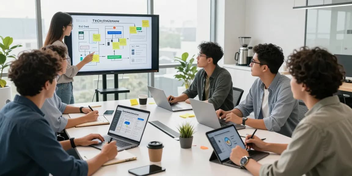 Collaborative workspace showing professionals discussing how to build internal tools with AI, with laptops, notes, and bright office atmosphere.