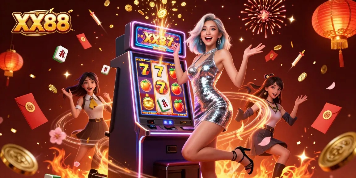Experience the excitement of XX88 with a glamorous celebration at a jackpot slot machine, showcasing vibrant casino elements.