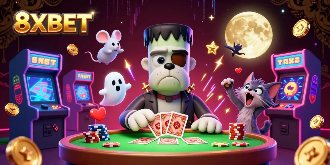 8XBET engages players with a vibrant casino scene featuring humorous characters amidst colorful gaming elements.
