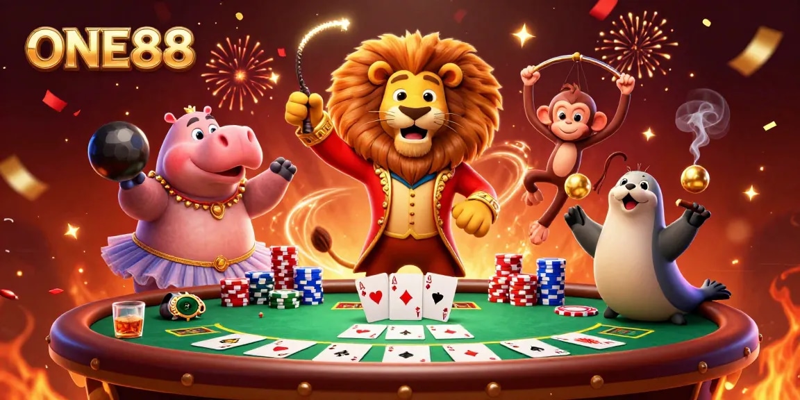 Join the excitement at ONE88 with a vibrant poker scene featuring unique characters.
