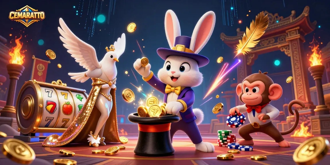 CEMARATOTO offers exciting gameplay with a magician rabbit and treasure in a mesmerizing casino-themed illustration.