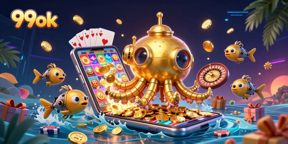 Experience the excitement of 99ok with a vibrant illustration of a golden kraken submarine in a sea of coins.