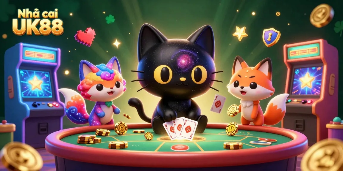 Engage with Nhà cái UK88 through this vibrant cosmic casino scene featuring colorful characters and gaming elements.