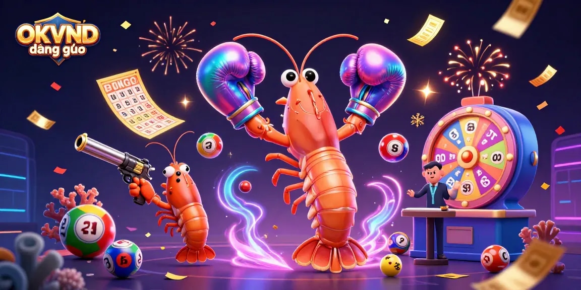 Engage in exhilarating betting with OKVND đăng nhập as vibrant casino elements surround dynamic characters.