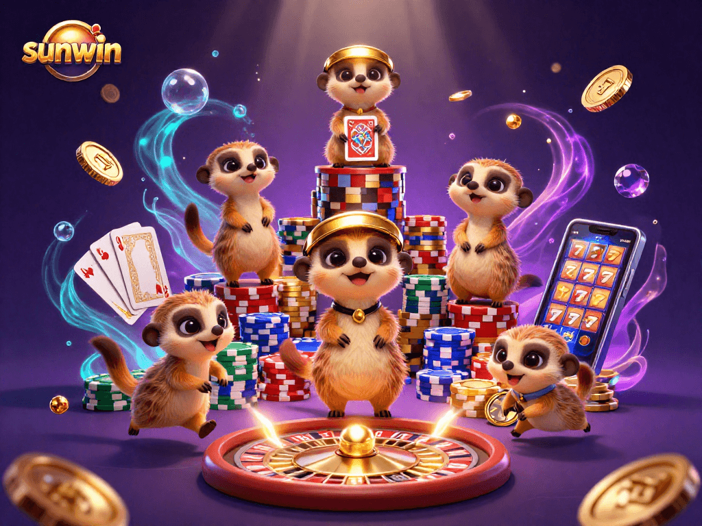 Join the fun at sunwin with a lively meerkat casino scene, featuring games and glimmering chips!