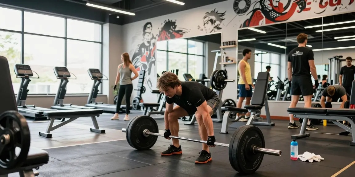 Anabolika Shop showcasing an athlete performing deadlifts in a bright gym, surrounded by weights and fitness gear