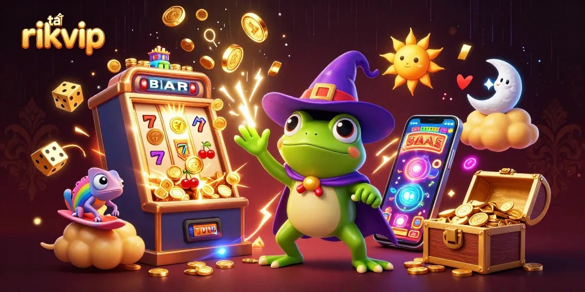 Engage in the thrilling game with tải rikvip, featuring a magical scene of winning symbols and animated characters.