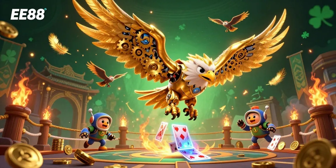 Experience exciting gaming action with EE88's dynamic casino scene featuring 3D characters and vibrant effects.