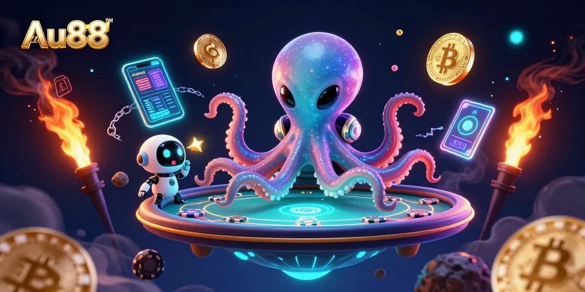 Engage with the thrilling universe of Au88 DM featuring a vibrant poker scene with cosmic characters.