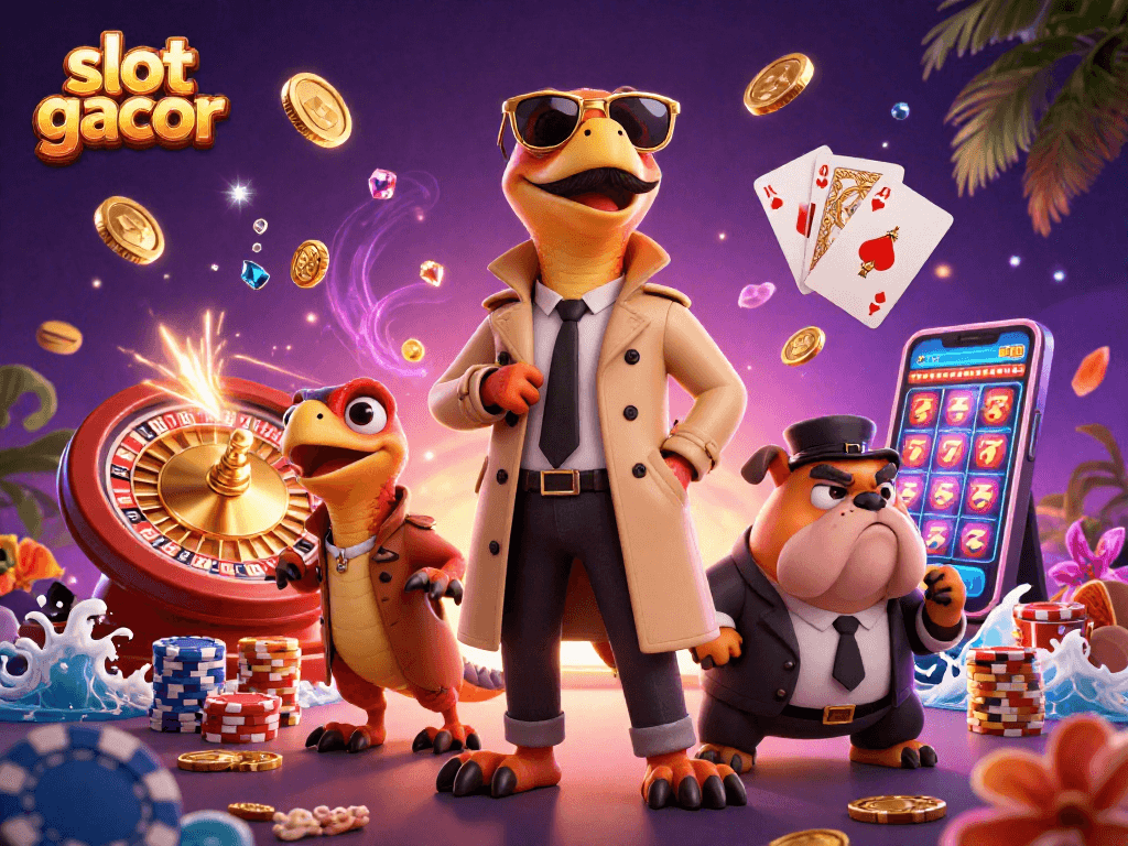 Win big with slot gacor as raptors enter a VIP casino amidst coins and gems.