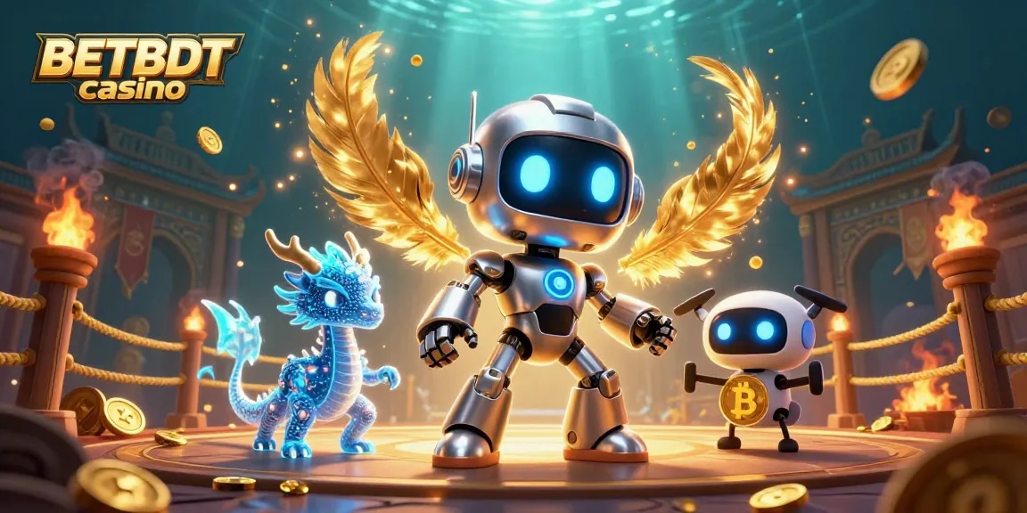 Experience thrilling action at BETBDT casino with a vibrant 3D scene featuring robotic companions and dynamic gaming elements.