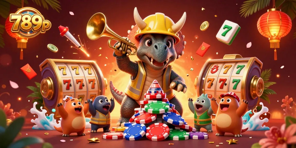 Experience the thrill of 789p with a lively casino scene featuring a triceratops and festive gaming elements.