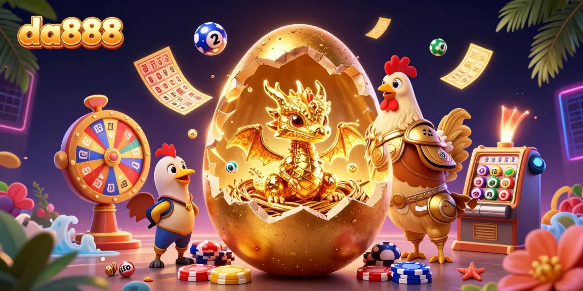 Engage with da888 for thrilling lottery action, featuring a golden dragon and dynamic game elements.