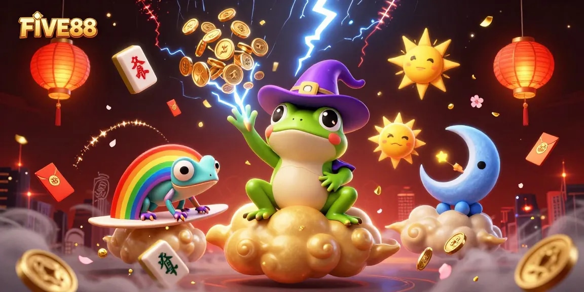 Experience the magical world of FIVE88 where luck rains down with golden coins and vibrant casino elements!