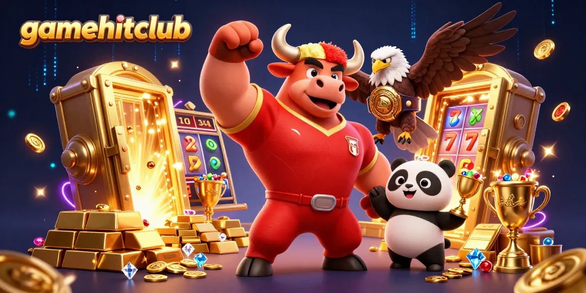 gamehitclub showcases a vibrant 3D illustration with mascots and casino elements, highlighting winning opportunities.