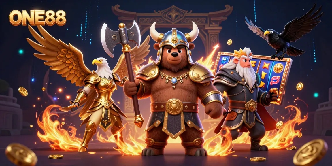 Engage with thrilling casino action at ONE88 featuring slot reels and dynamic characters.