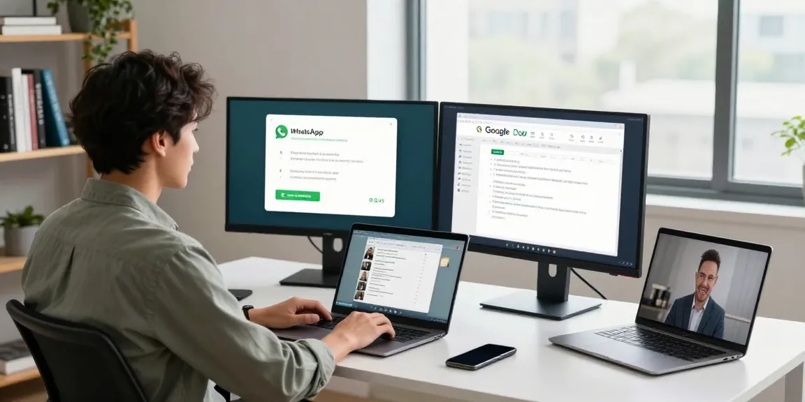 Professional using WhatsApp電腦版 on dual monitors in a modern office.