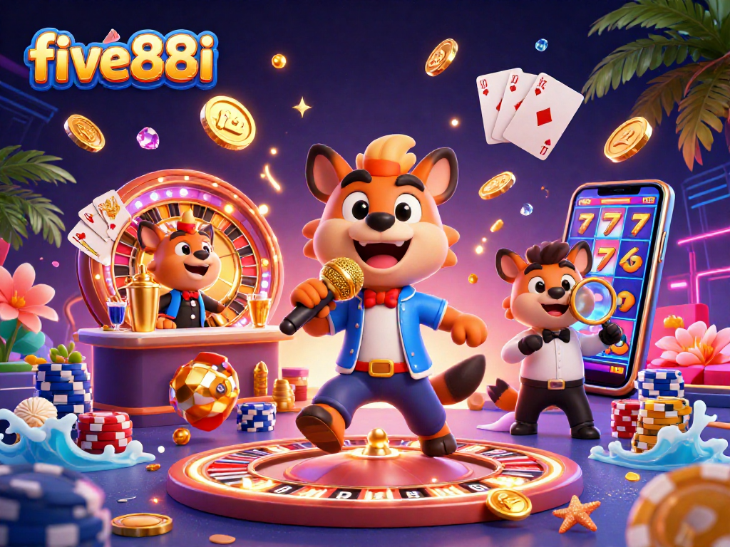 Experience the lively five88i casino scene with hyenas interacting at a comedy club amidst stunning casino elements.