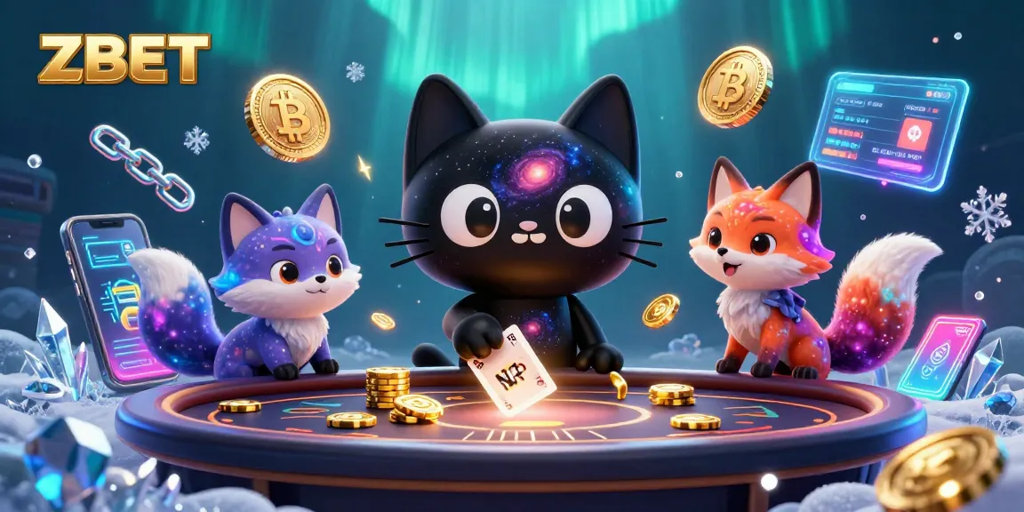 ZBET casino experience with a cosmic black hole cat pulling in chips and cards, amidst vibrant cryptocurrency elements.