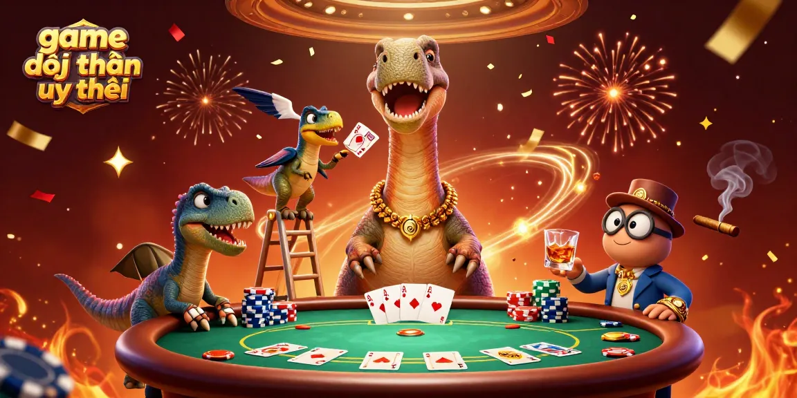 Bet on game đổi thưởng uy tín with an amusing dinosaur poker scene in a vibrant casino atmosphere.