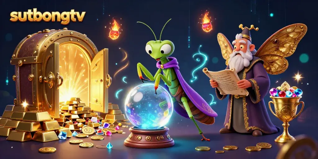 Sutbongtv fortune teller reveals winning odds in a rich casino scene with glowing treasure.