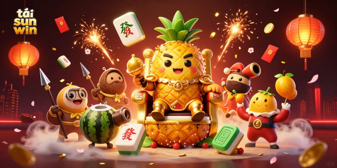 Engage in gaming fun with tải sun win at a vibrant, tropical beach casino scene featuring a golden king and lively elements.