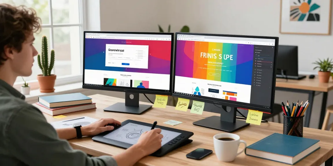 Webdesigner, der sich auf duale Monitore konzentriert und lebendige Webseitendesigns zeigt, umgeben von kreativen Werkzeugen und natürlichem Licht.