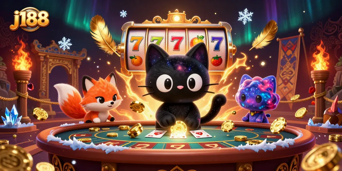 Experience j188's cosmic casino adventure with a whimsical black hole cat drawing in golden chips and cards.