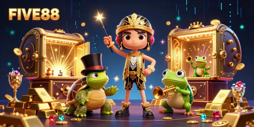 Players at FIVE88 delight in treasure-filled casino entertainment, featuring colorful cartoon characters.