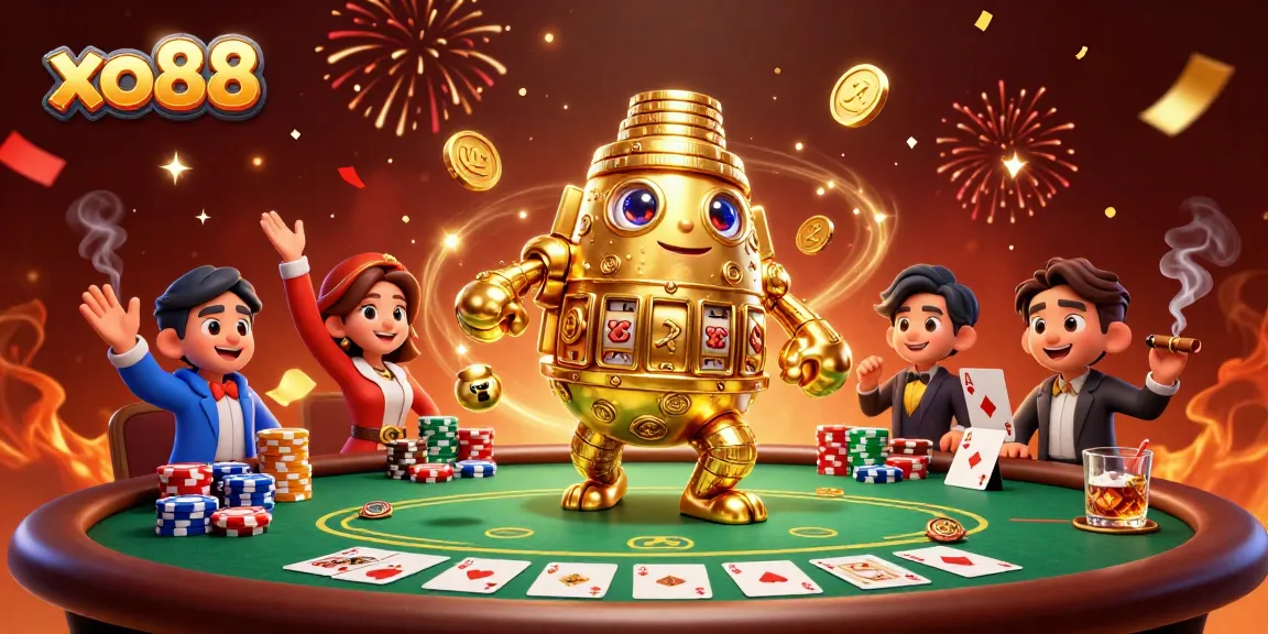 Experience thrilling action at xo88 with a golden golem and poker excitement in a vibrant casino scene.