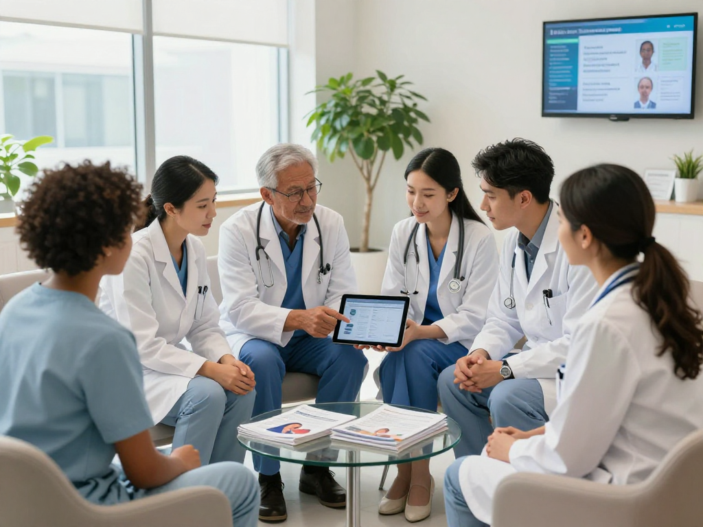 Gemeinschafts healthcare professionals collaborating on patient data in a welcoming clinic environment.