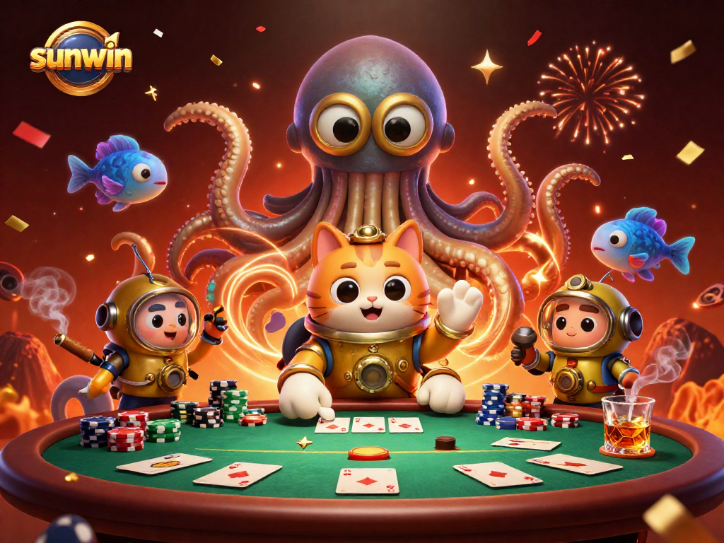 Experience the thrill of betting with the kraken, poker chips, and vibrant celebration at sunwin.