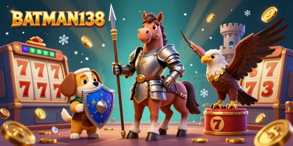 BATMAN138 permainan slot yang seru dengan karakter ksatria, anjing squire, dan falcon dalam suasana kasino yang meriah.
