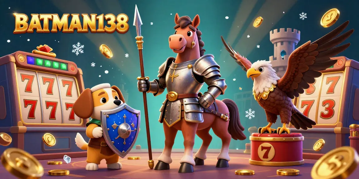 BATMAN138 permainan slot yang seru dengan karakter ksatria, anjing squire, dan falcon dalam suasana kasino yang meriah.