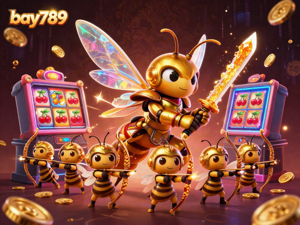 Spin the bay789 slot reels with the giant golden hornet and bee archers in a vibrant 3D casino scene.