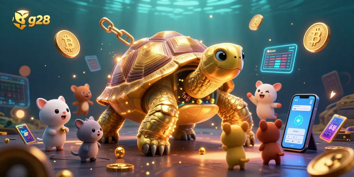 Engage with the g28 themed gaming experience featuring a giant interactive pinball tortoise and vibrant crypto elements.