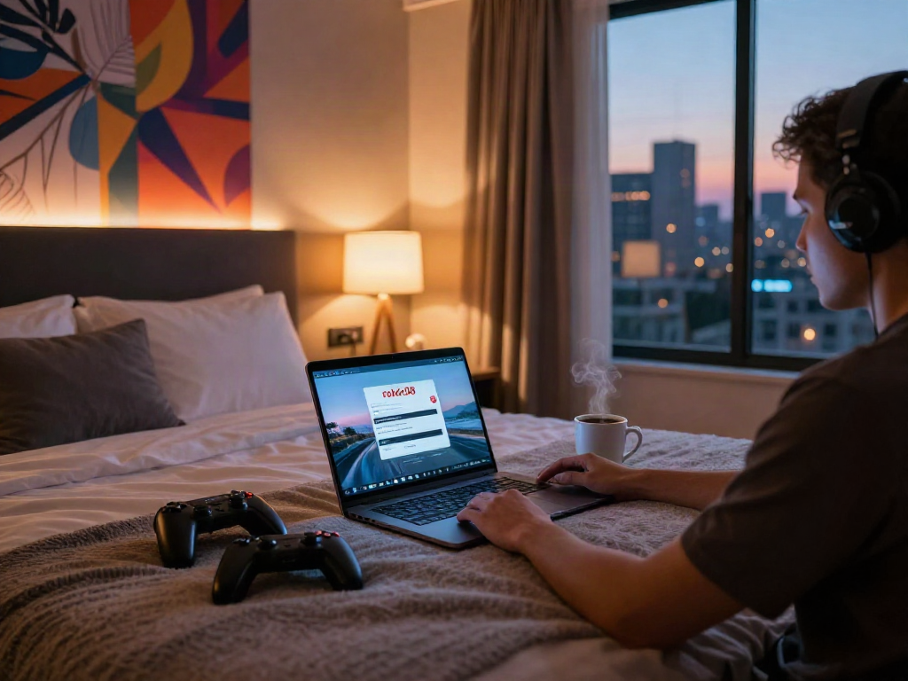 Guest enjoying a cozy hotel room while using rokok88 login for gaming activities.