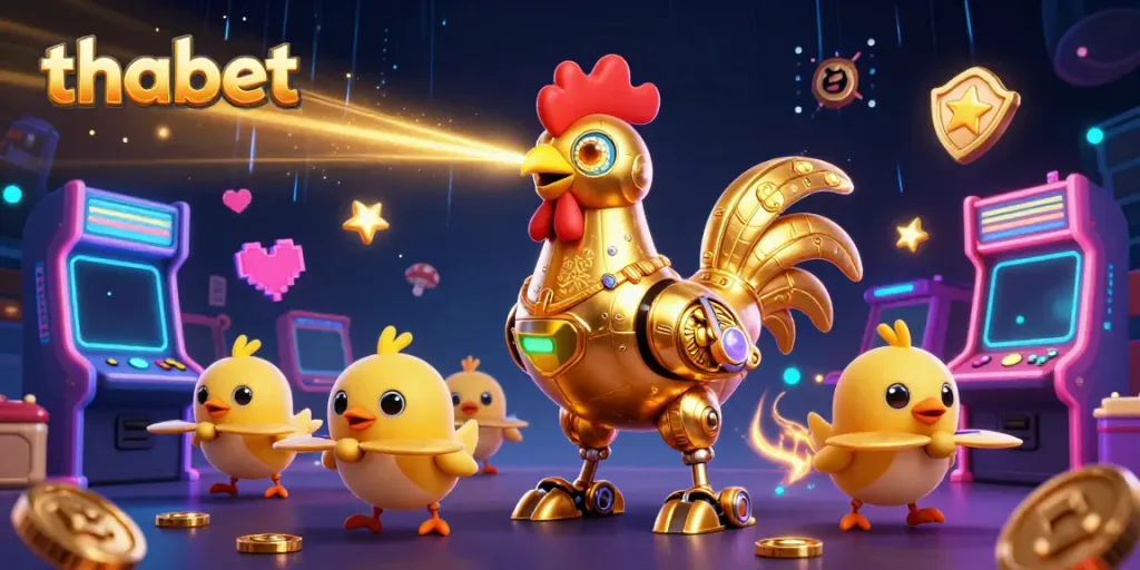 Engage with thabet at this vibrant casino scene featuring a golden rooster robot and baby chick drones amidst arcade games.