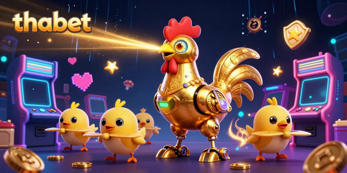 Engage with thabet at this vibrant casino scene featuring a golden rooster robot and baby chick drones amidst arcade games.