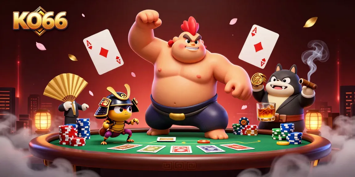 KO66 showcases an energetic poker scene with vibrant characters facing off in a dynamic casino atmosphere.