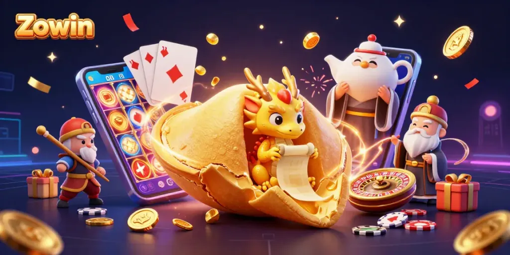 Experience Zowin's thrilling games with a vibrant casino-themed 3D illustration, showcasing dynamic elements and excitement.