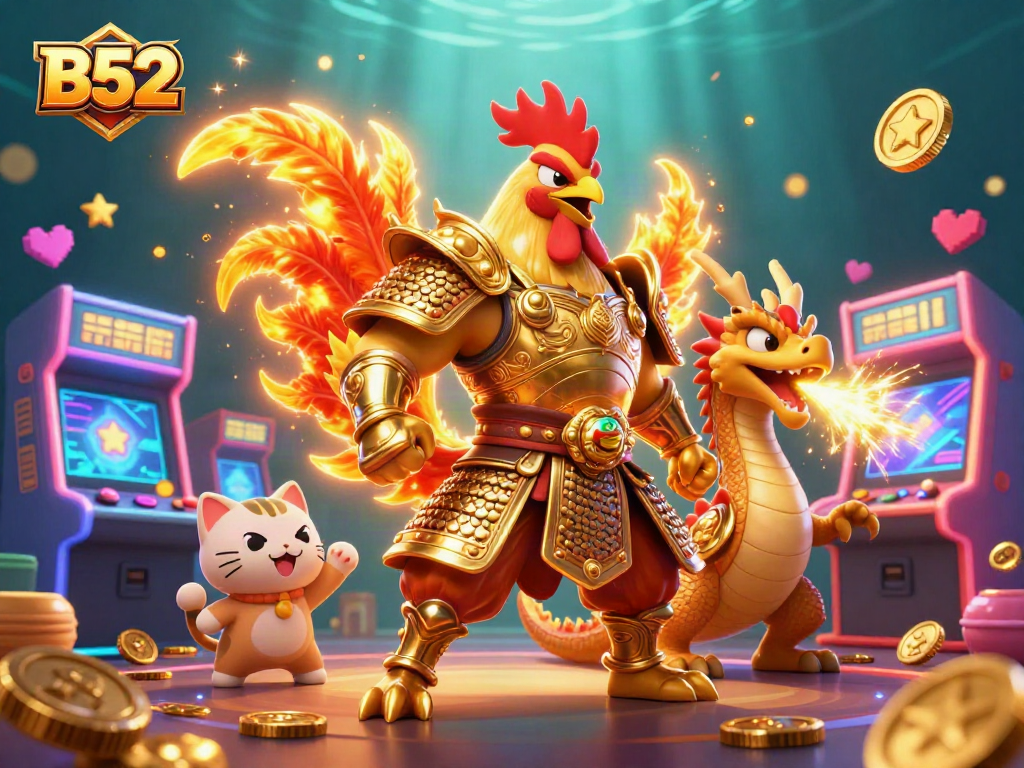 Engage with B52 gaming excitement through a vibrant, dynamic 3D illustration featuring iconic characters.