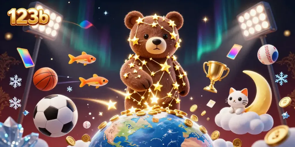Engage with the exciting world of 123b, where golden stars and sports betting elements combine in a dynamic illustration.